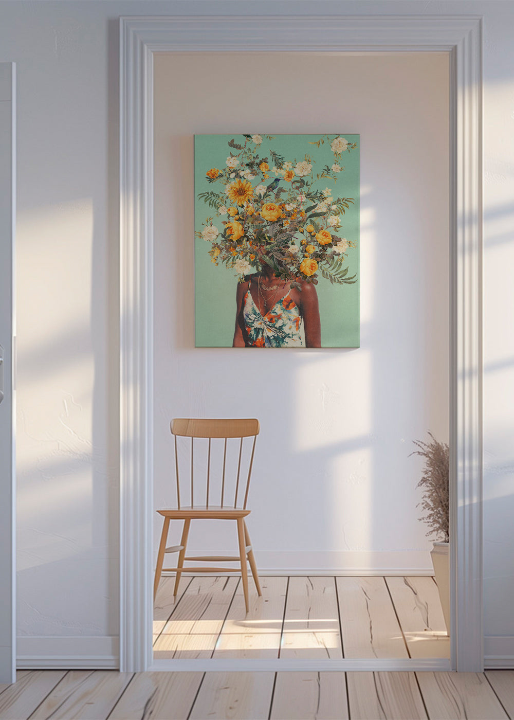 Botanisk affisch med porträtt och blomkrans