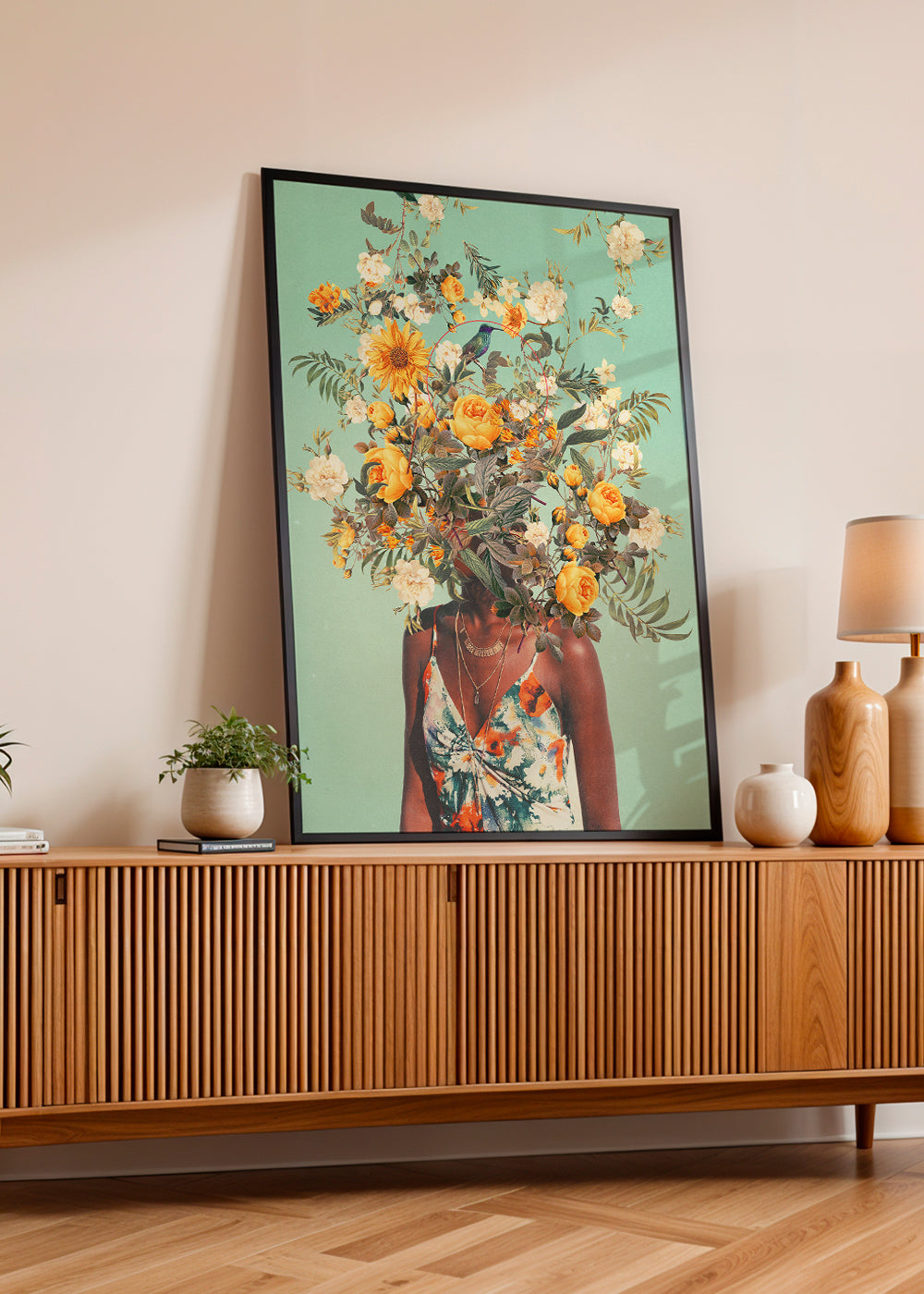 Botanisk affisch med porträtt och blomkrans