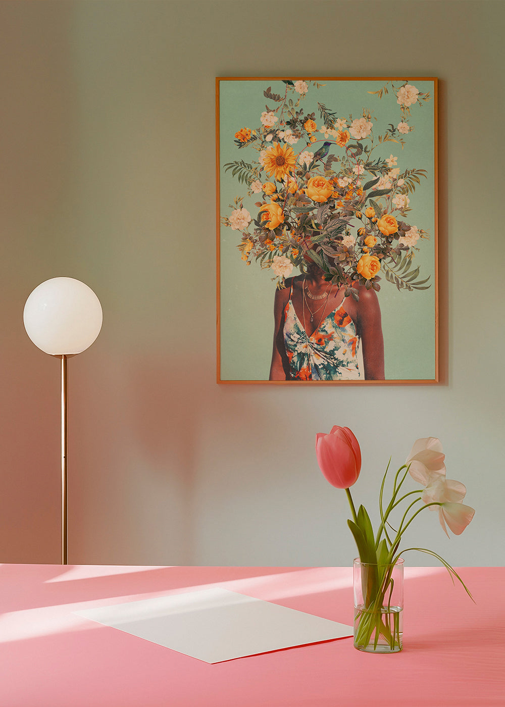 Botanisk affisch med porträtt och blomkrans