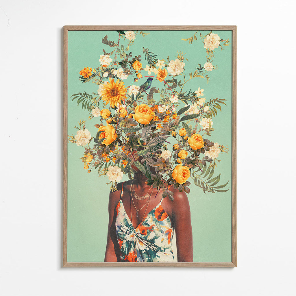 Botanisk affisch med porträtt och blomkrans