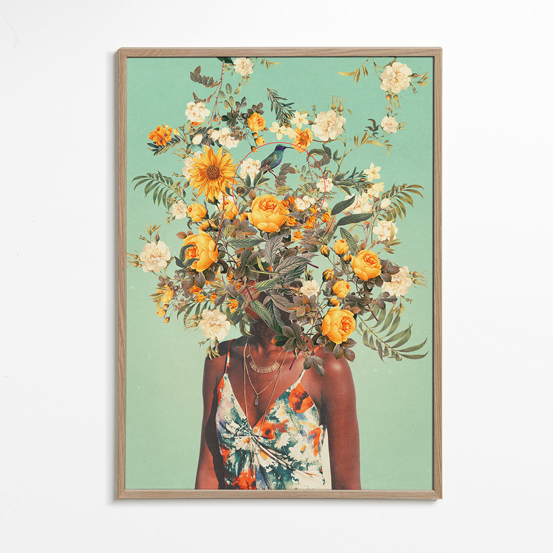 Botanisk affisch med porträtt och blomkrans