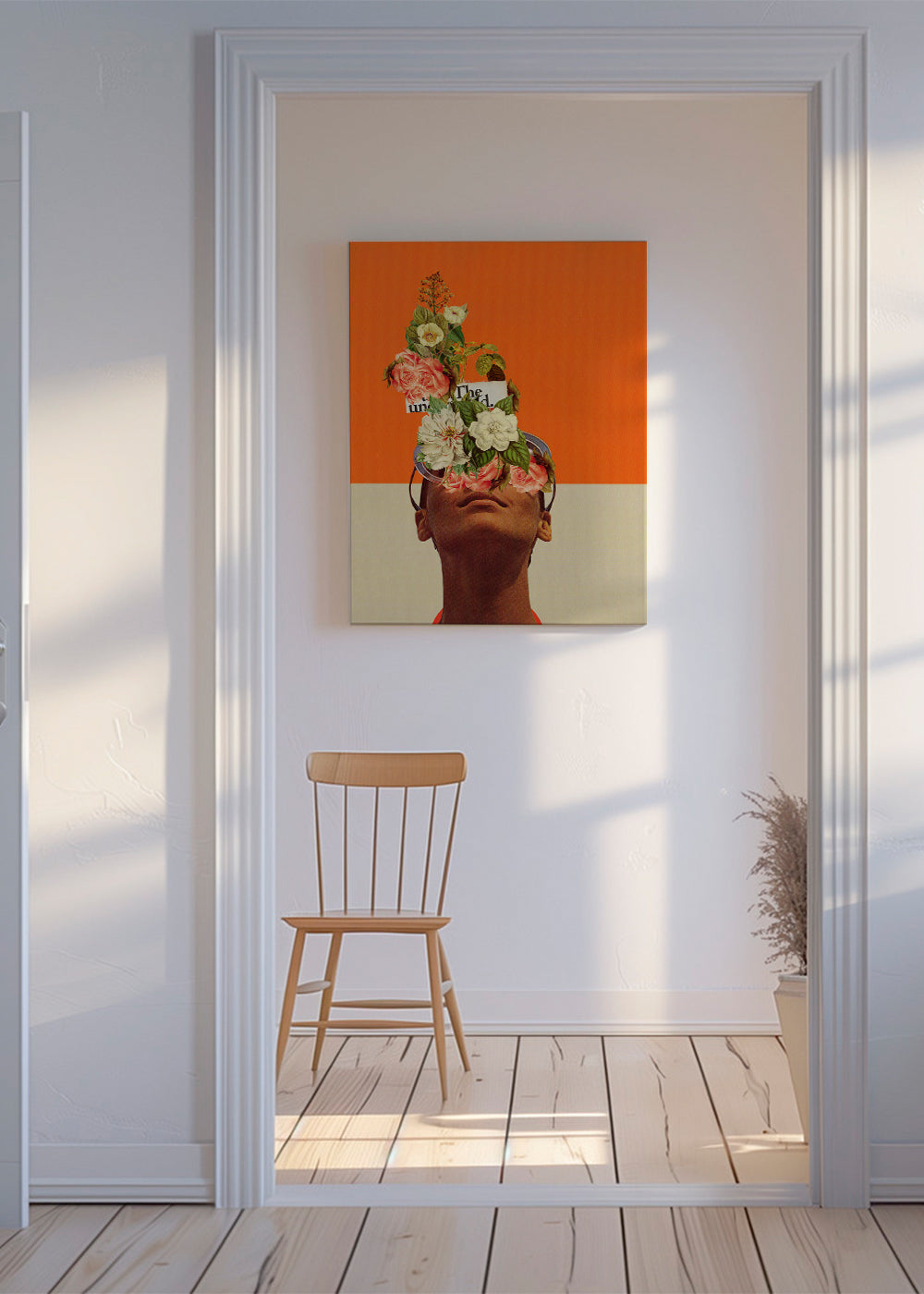 Botanisk affisch med blomkollage och porträtt