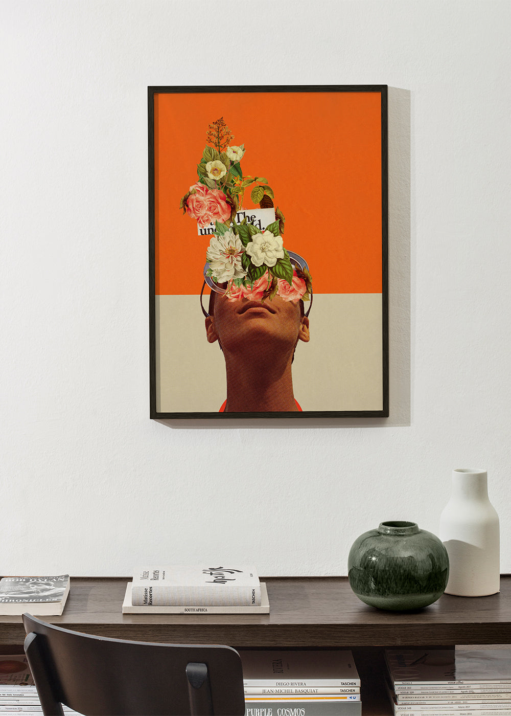 Botanisk affisch med blomkollage och porträtt