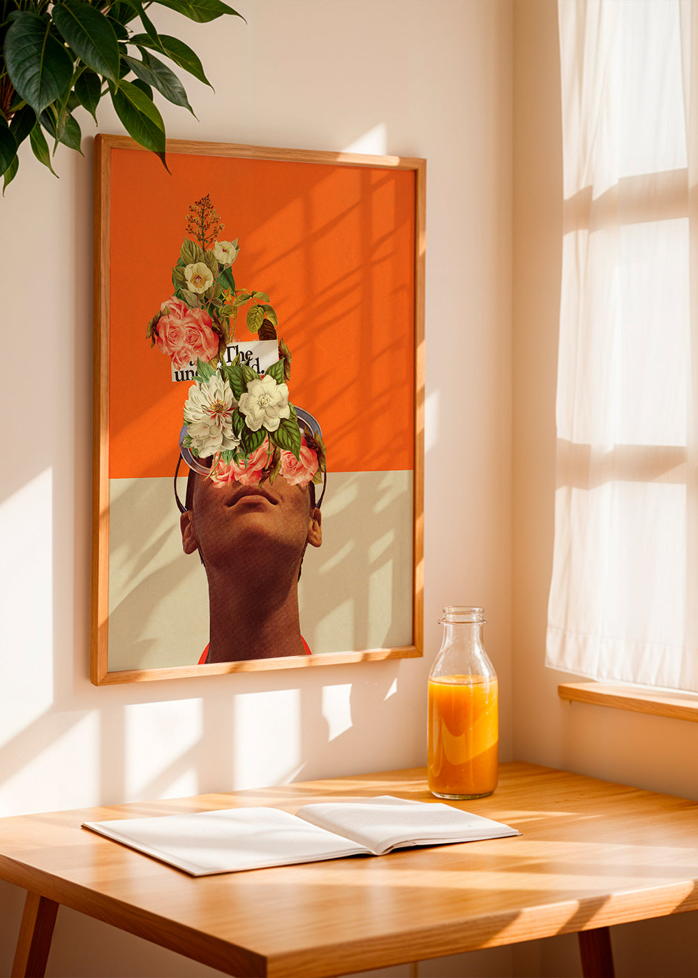 Botanisk affisch med blomkollage och porträtt