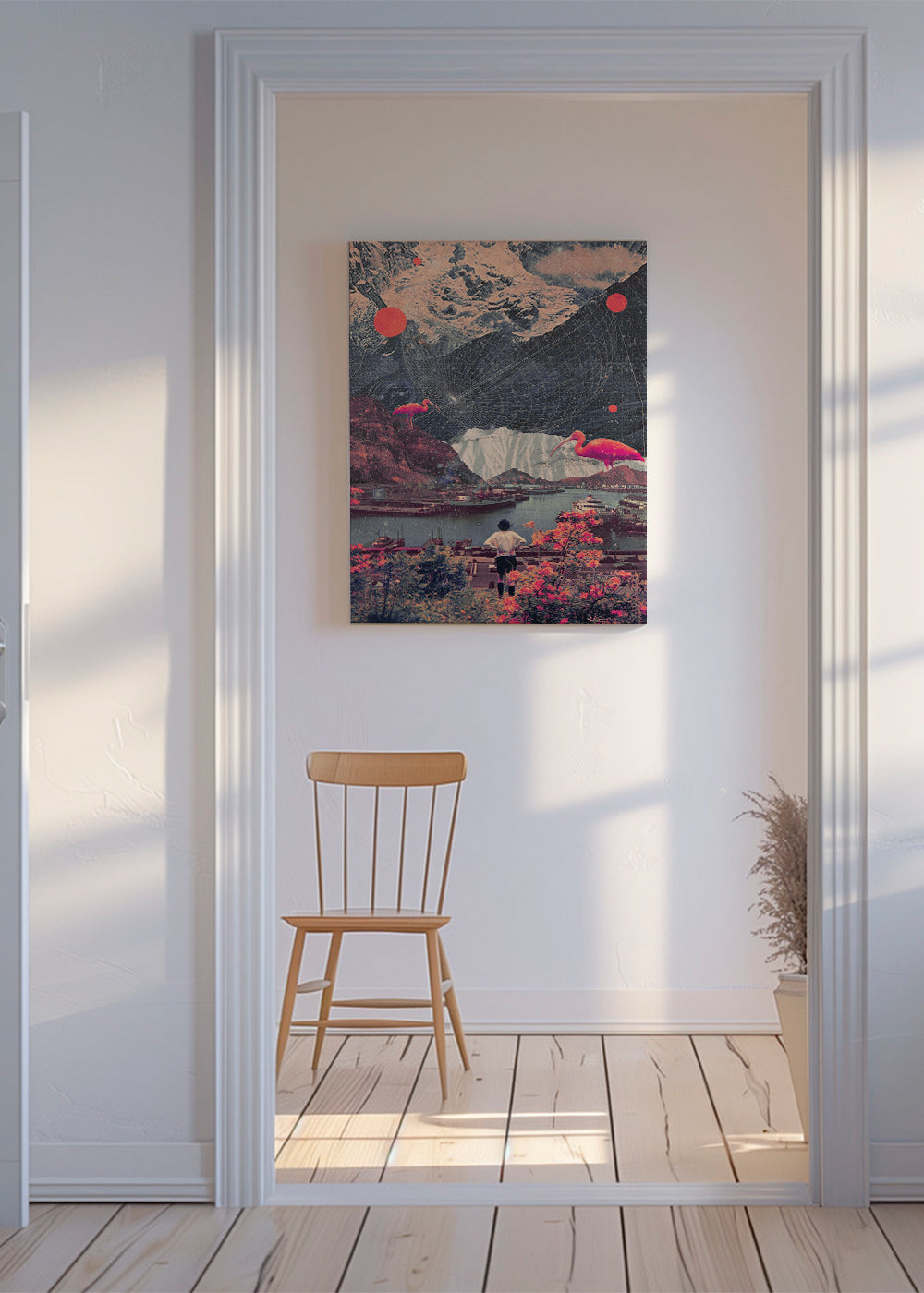 Drömhamn landskap med flamingos
