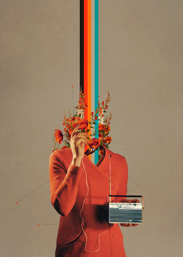 Retroillustration med figur, radio och blommor