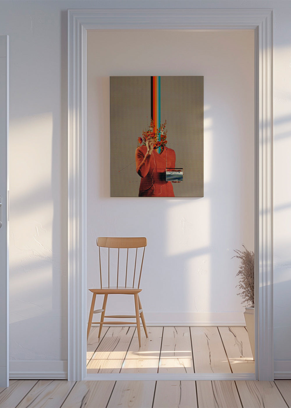 Retroillustration med figur, radio och blommor