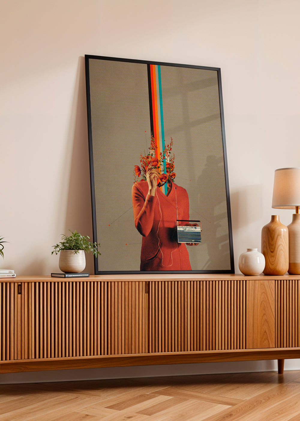 Retroillustration med figur, radio och blommor