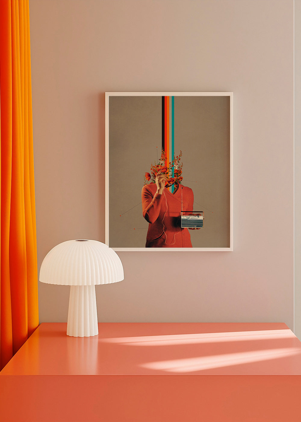 Retroillustration med figur, radio och blommor