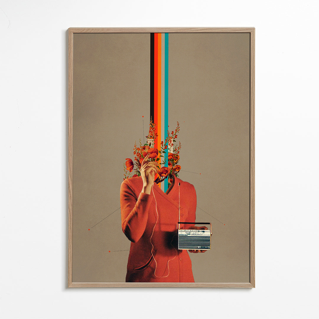 Retroillustration med figur, radio och blommor