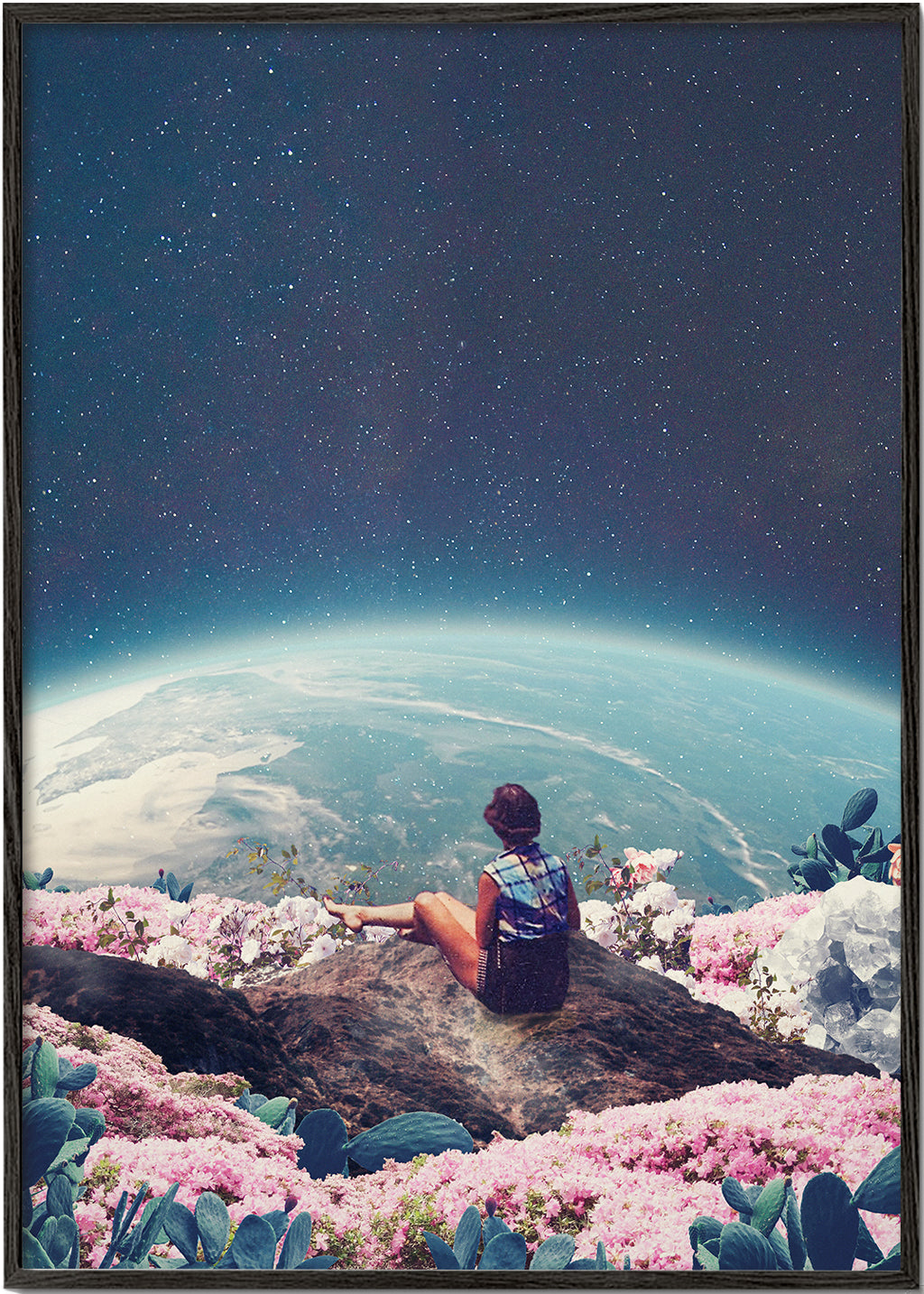 Botanisk poster med resenär och planet