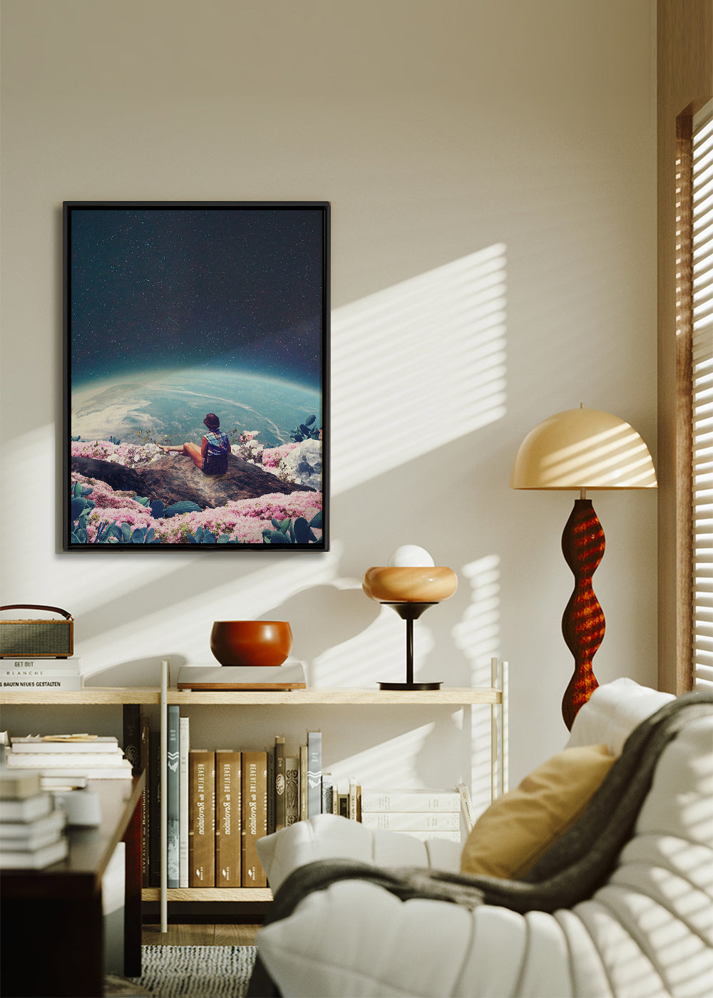 Botanisk poster med resenär och planet