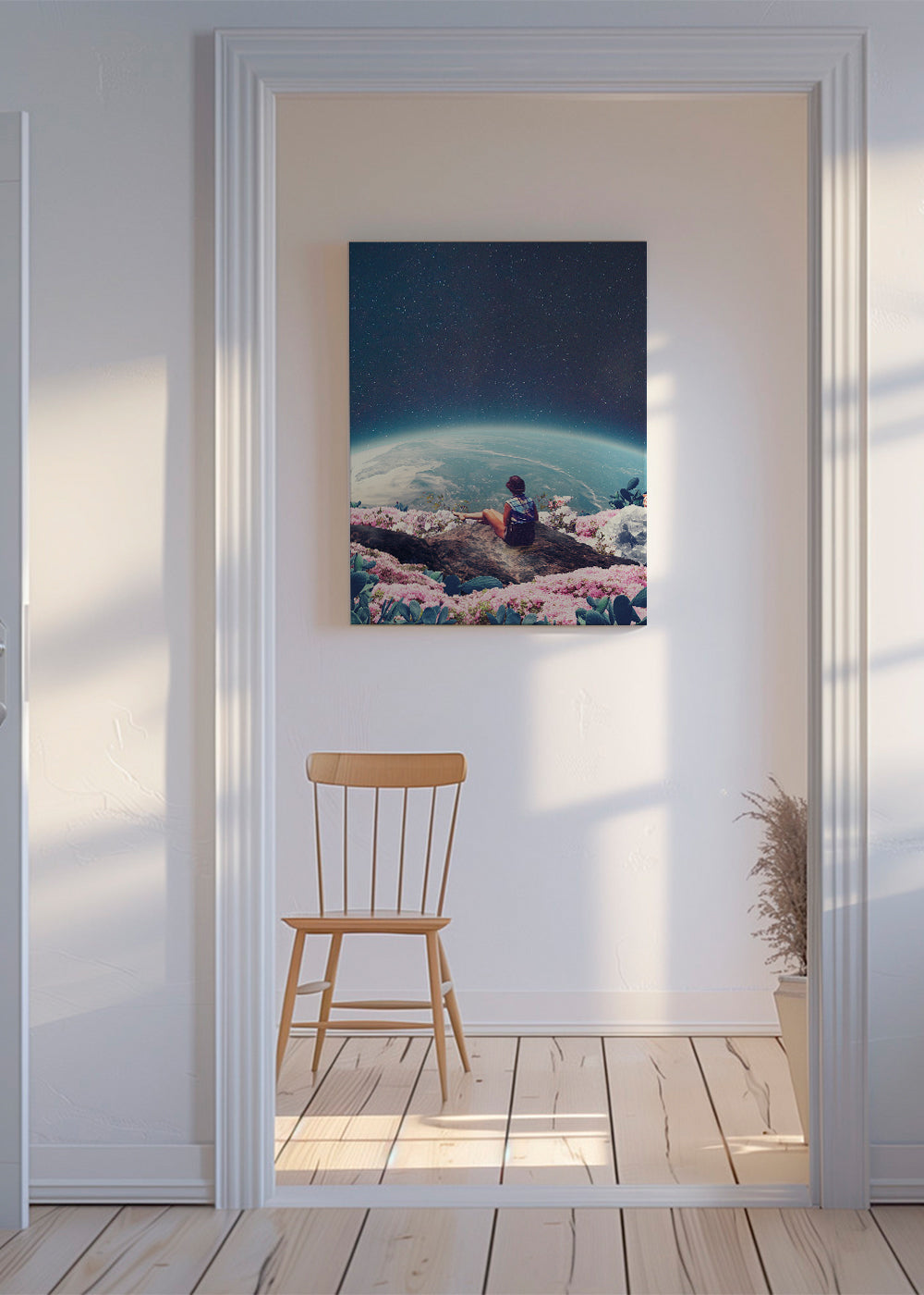 Botanisk poster med resenär och planet