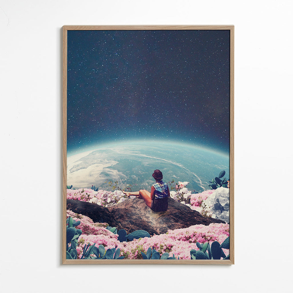 Botanisk poster med resenär och planet