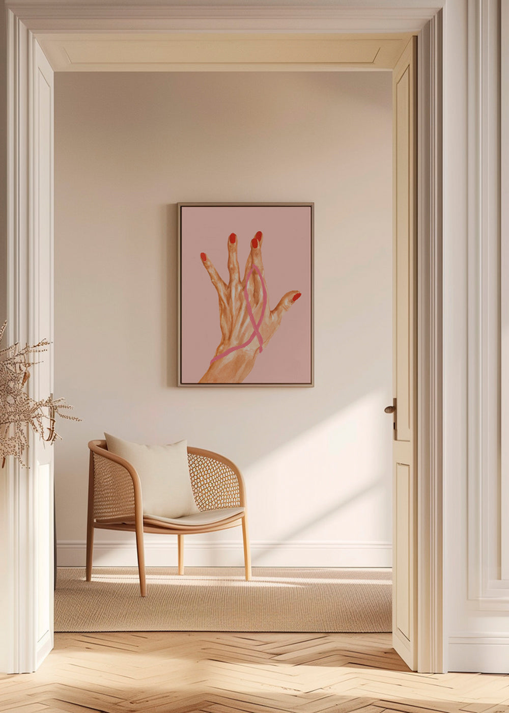 Illustration hand med rosa band