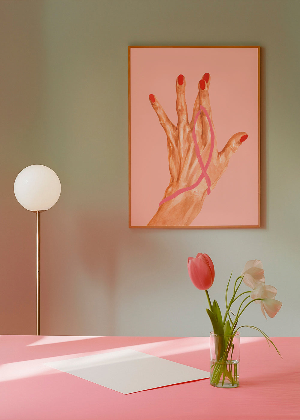 Illustration hand med rosa band