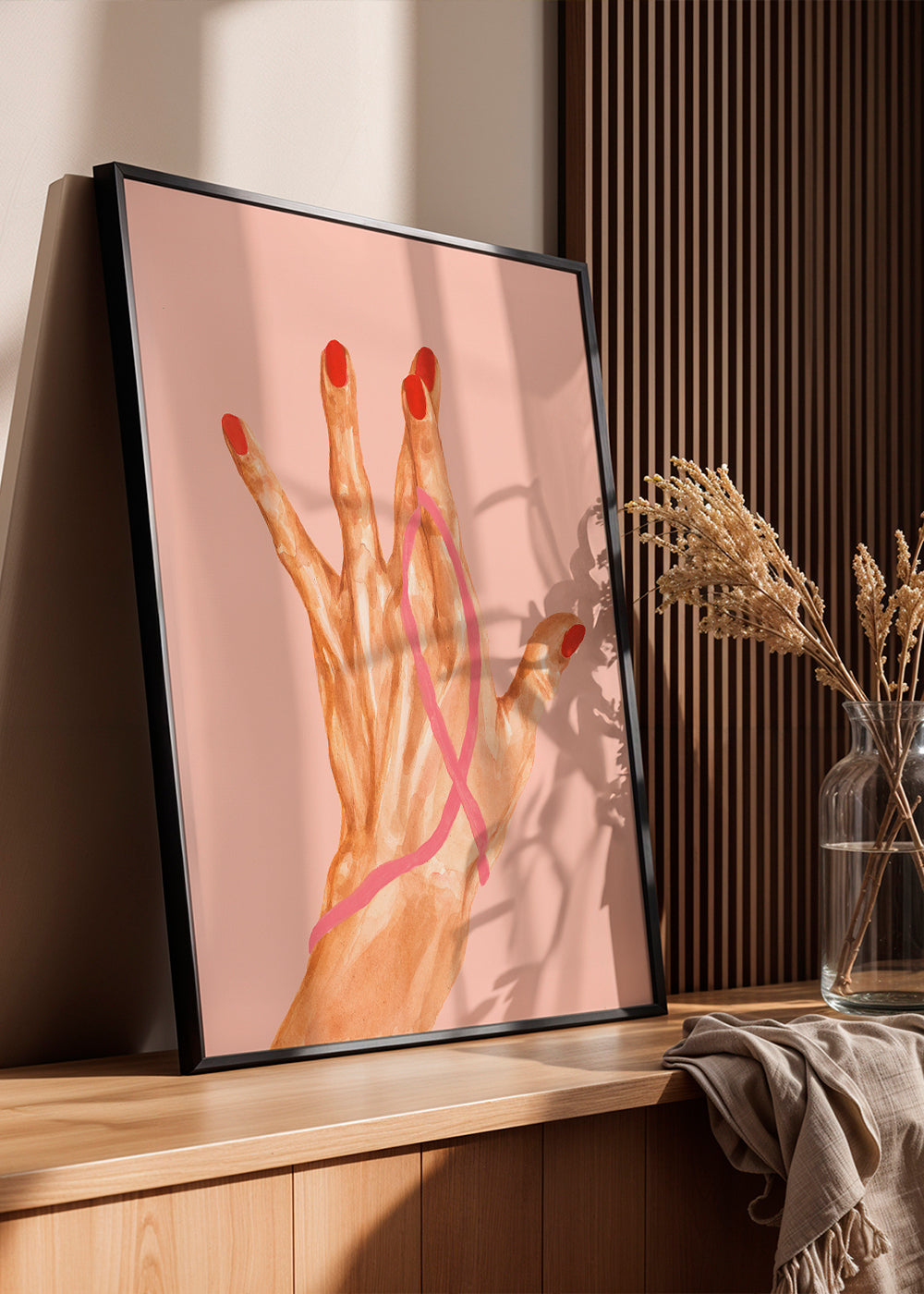 Illustration hand med rosa band