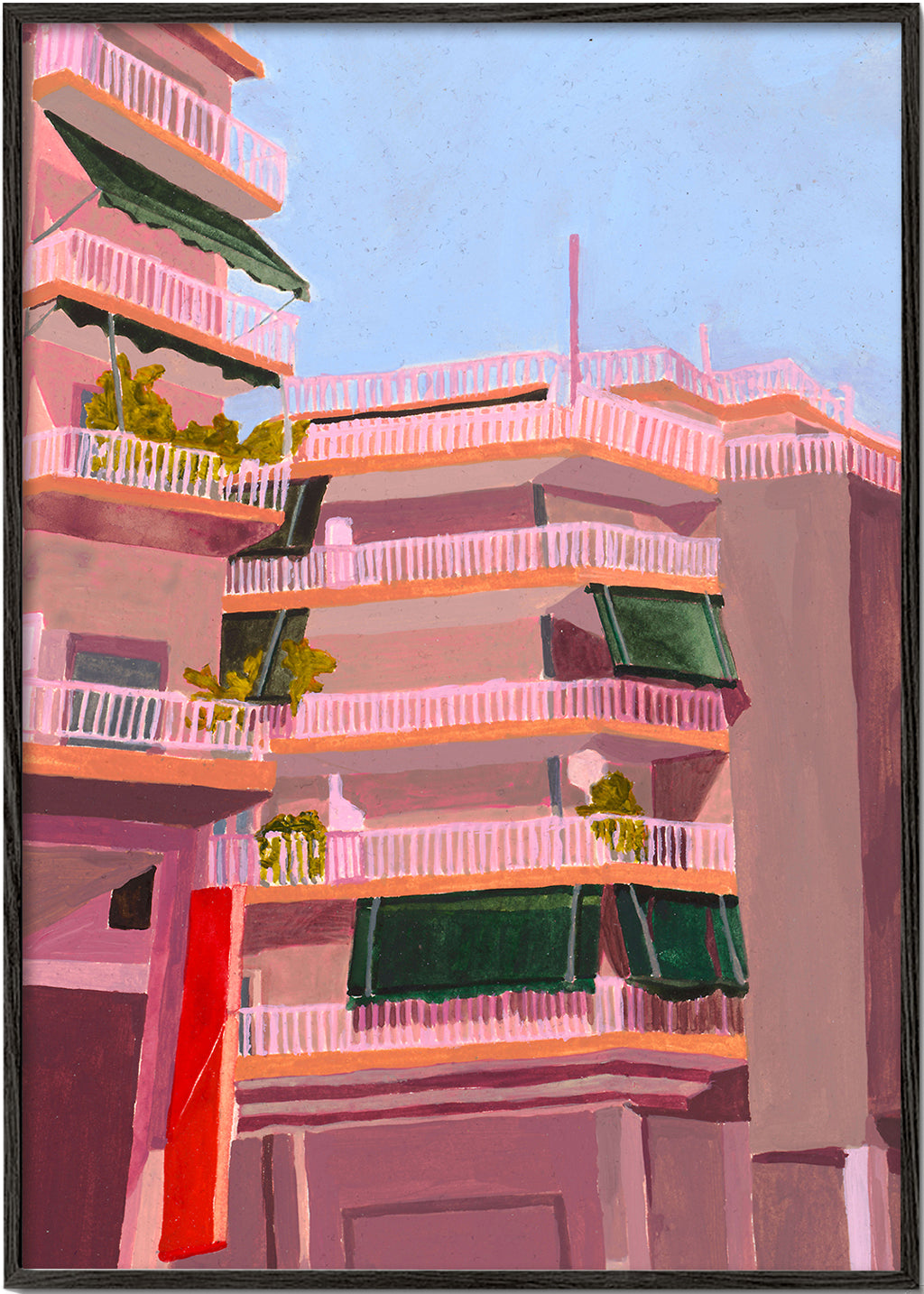 Illustration av rosa byggnader