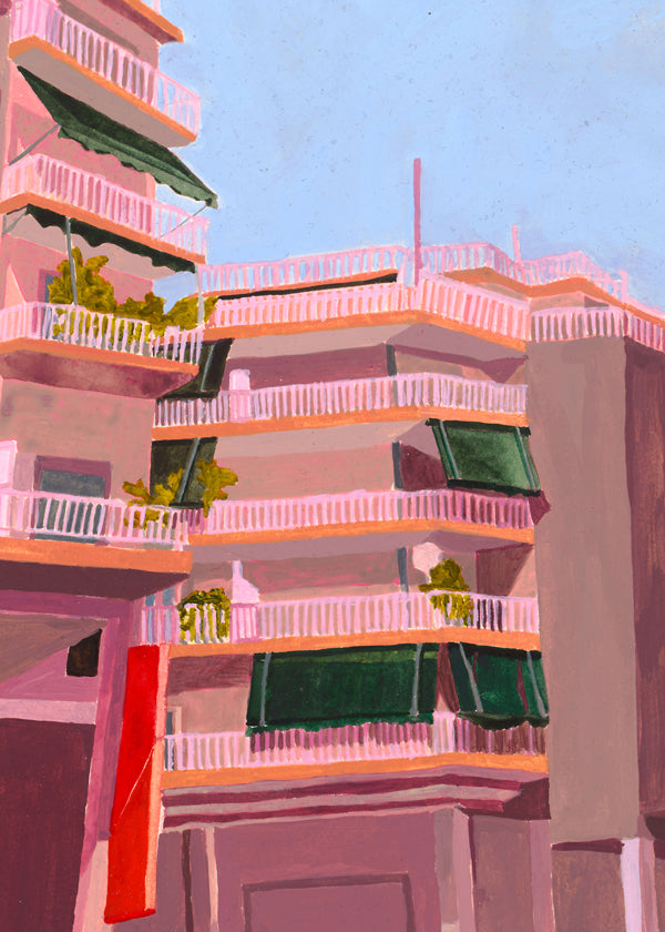 Illustration av rosa byggnader