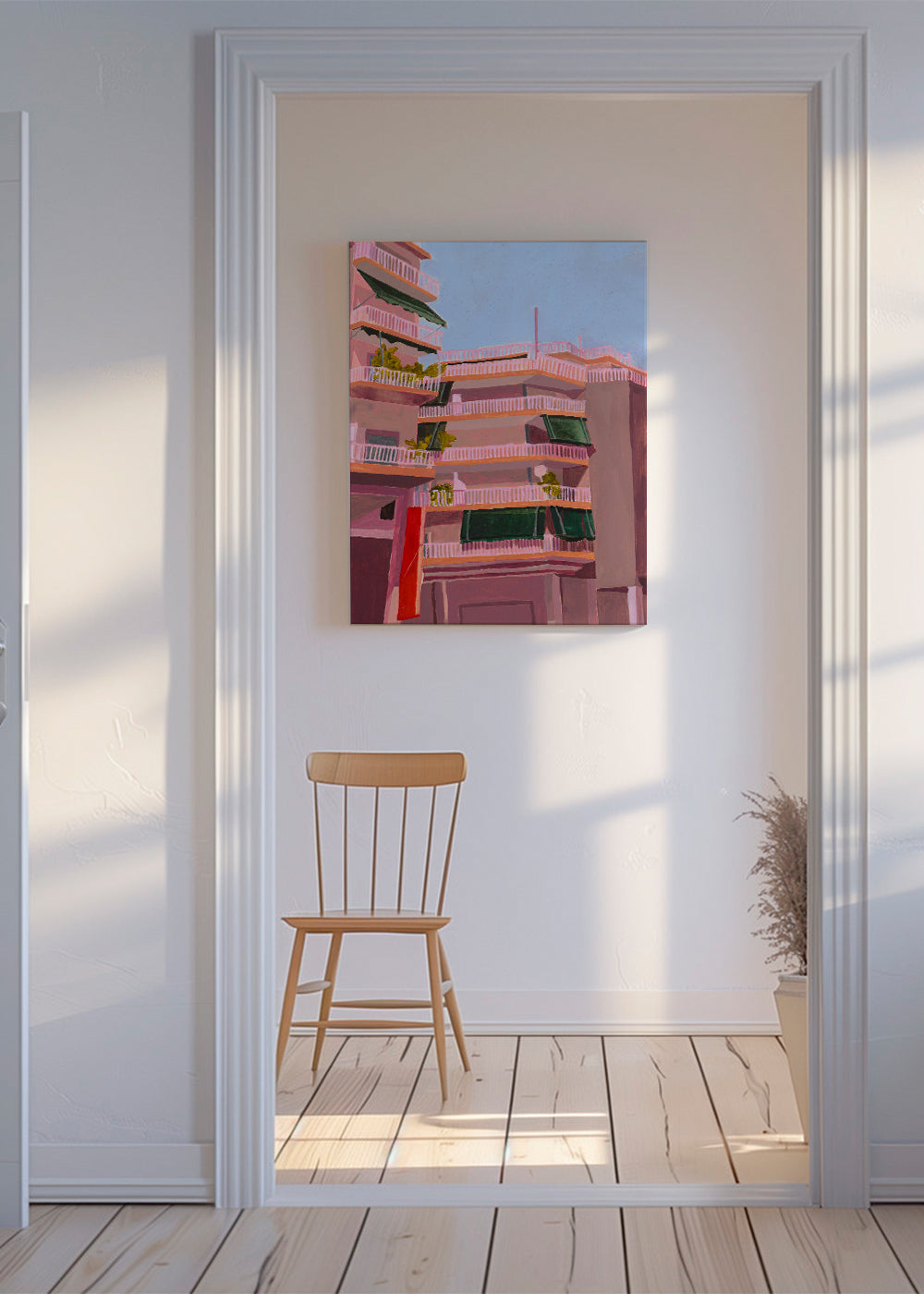 Illustration av rosa byggnader