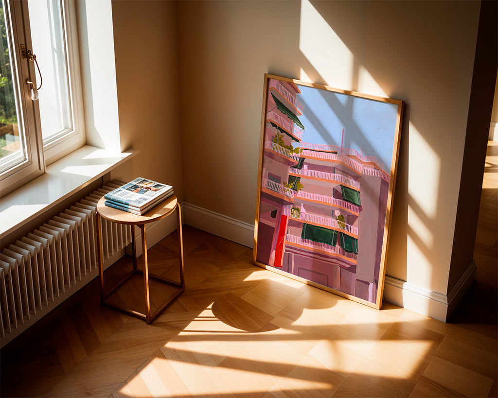 Illustration av rosa byggnader