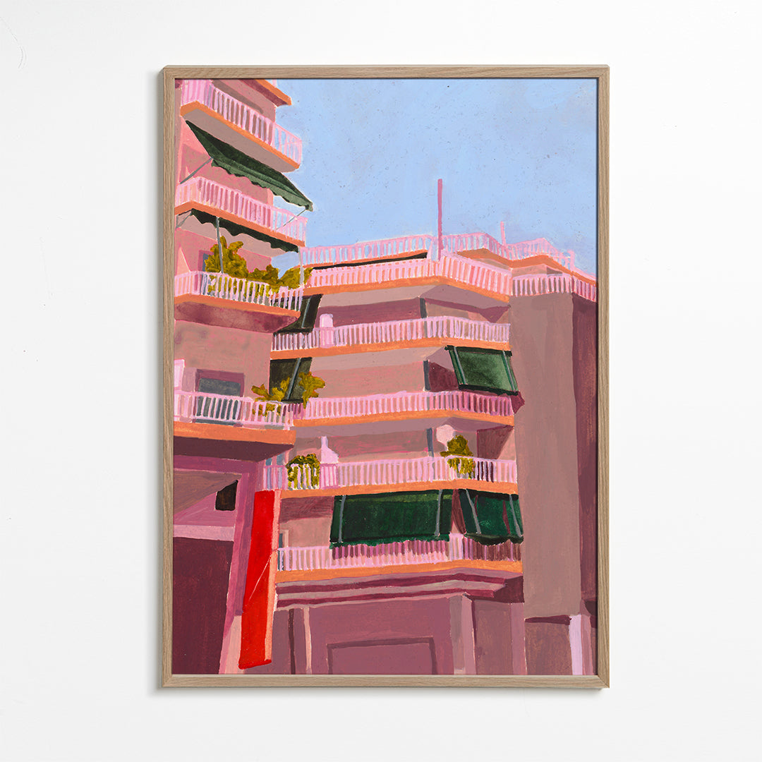 Illustration av rosa byggnader