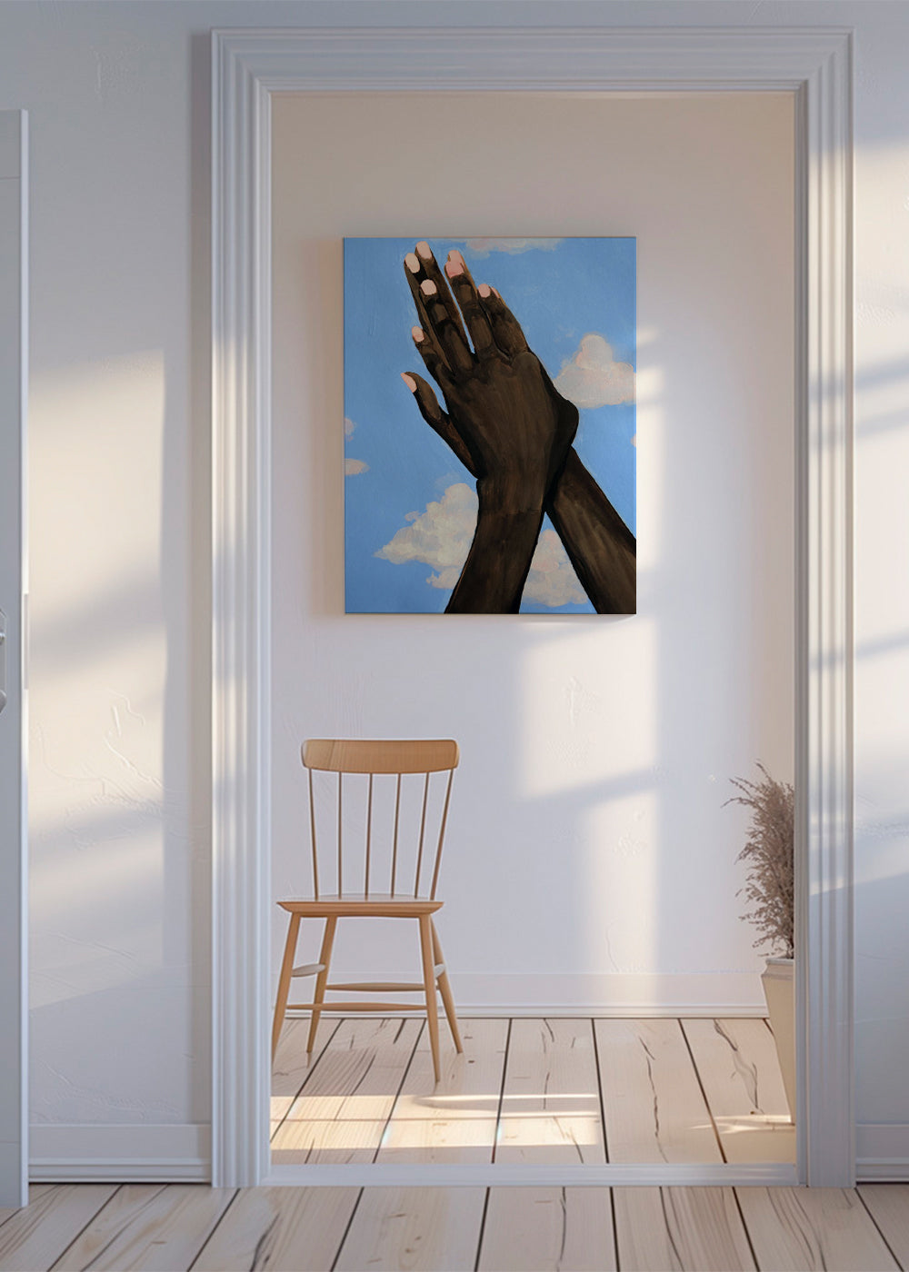 Illustration av händer mot himlen
