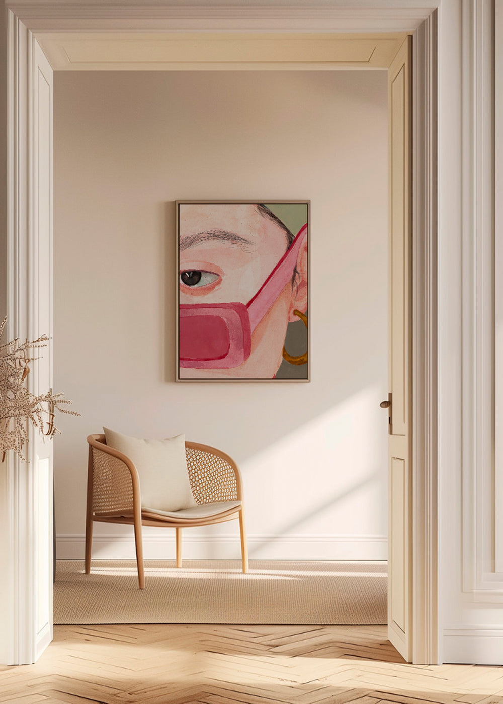 Illustration närbild med rosa solglasögon