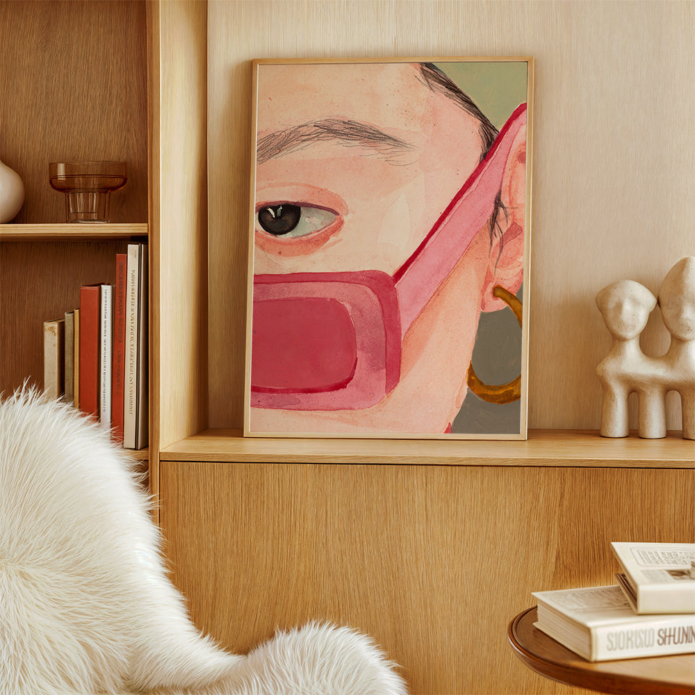 Illustration närbild med rosa solglasögon