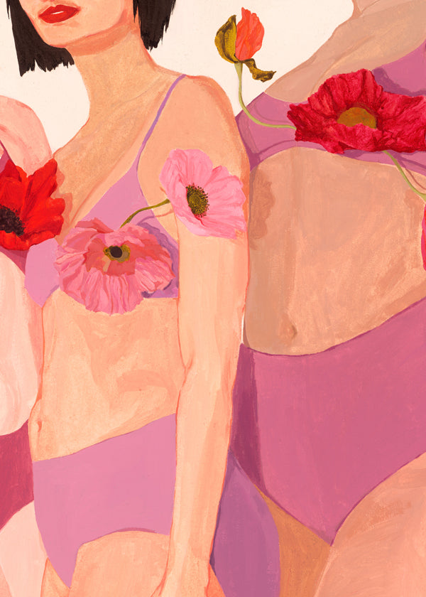 Illustration av kvinnor med vallmo i rosa