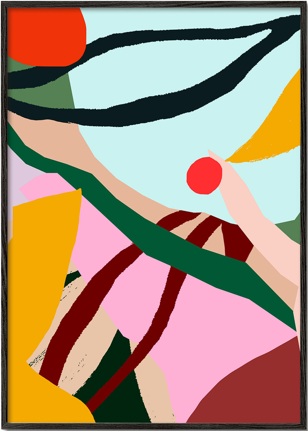 Abstrakt illustration med frukt och hand