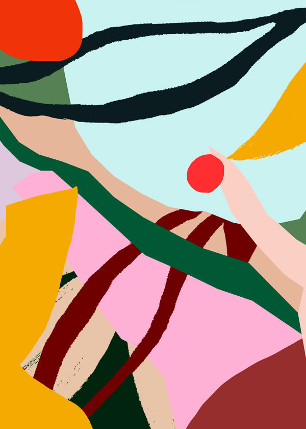 Abstrakt illustration med frukt och hand