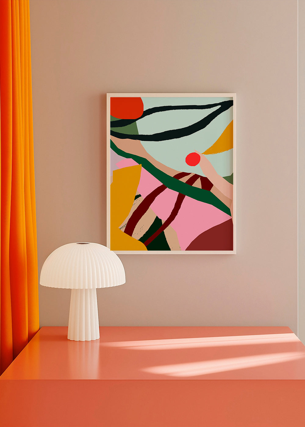 Abstrakt illustration med frukt och hand