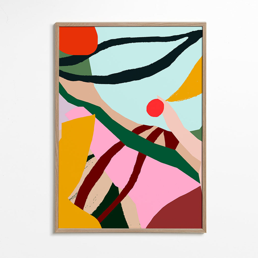 Abstrakt illustration med frukt och hand