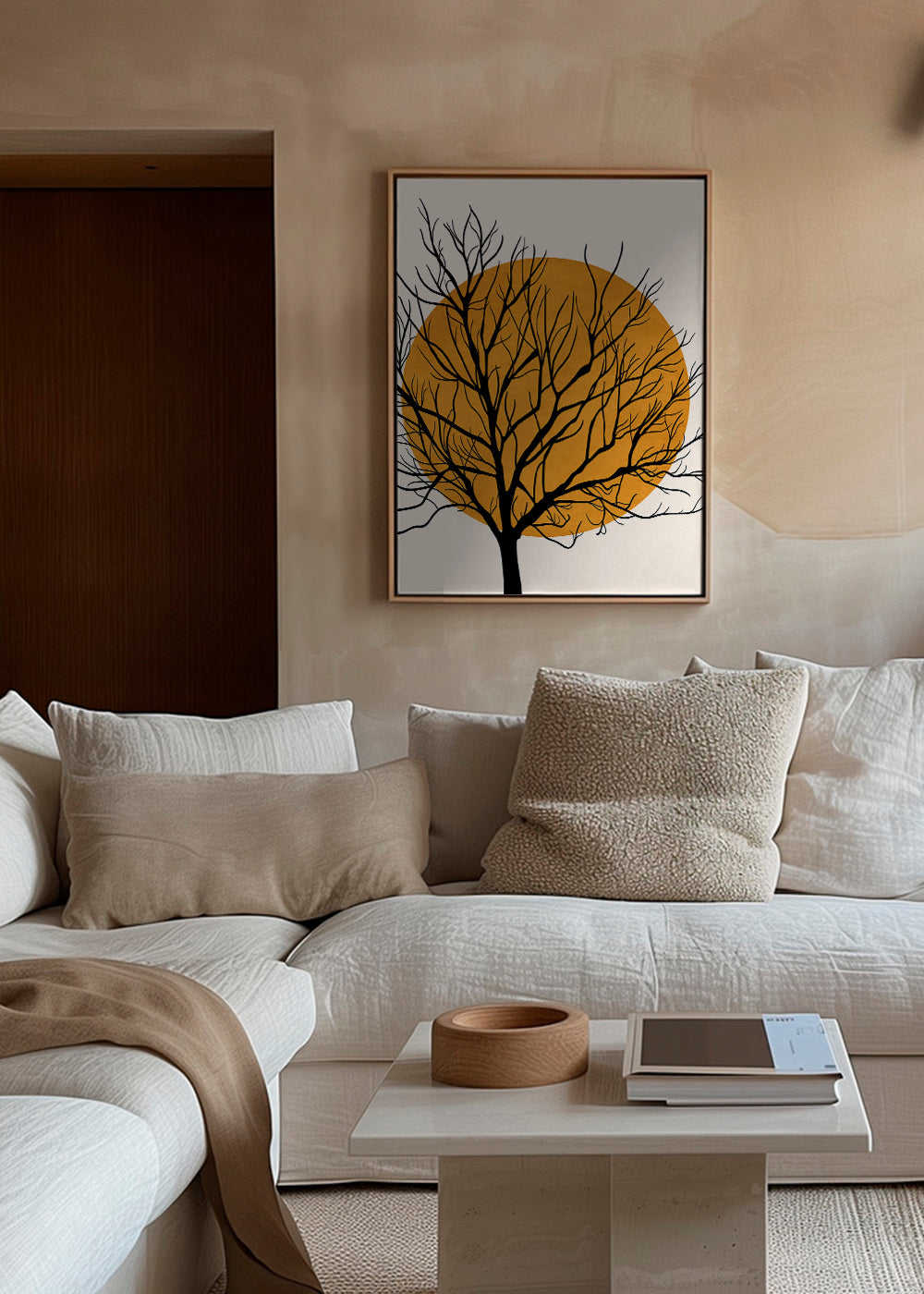 Botanisk poster: träsilhuett med orange sol