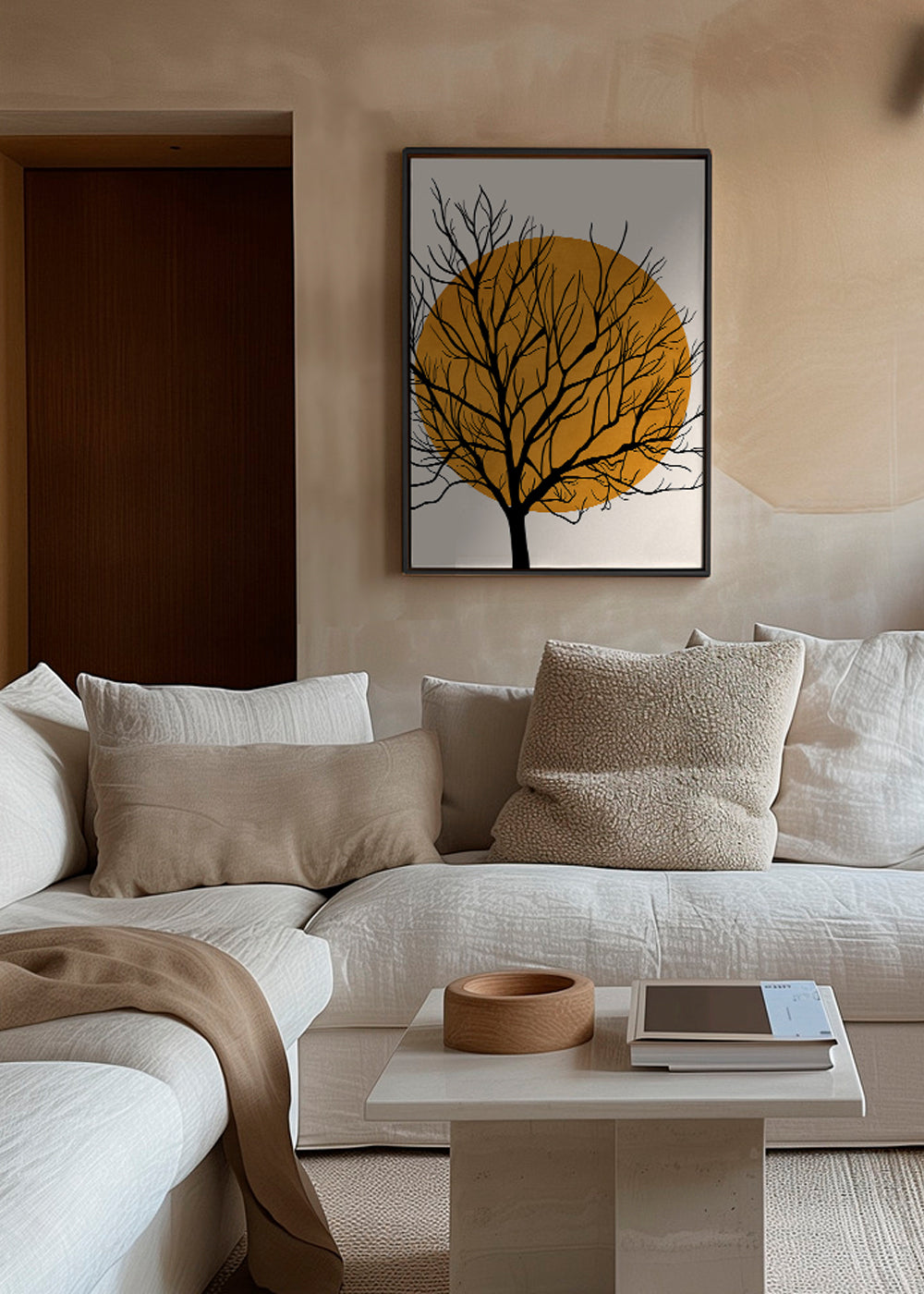 Botanisk poster: träsilhuett med orange sol