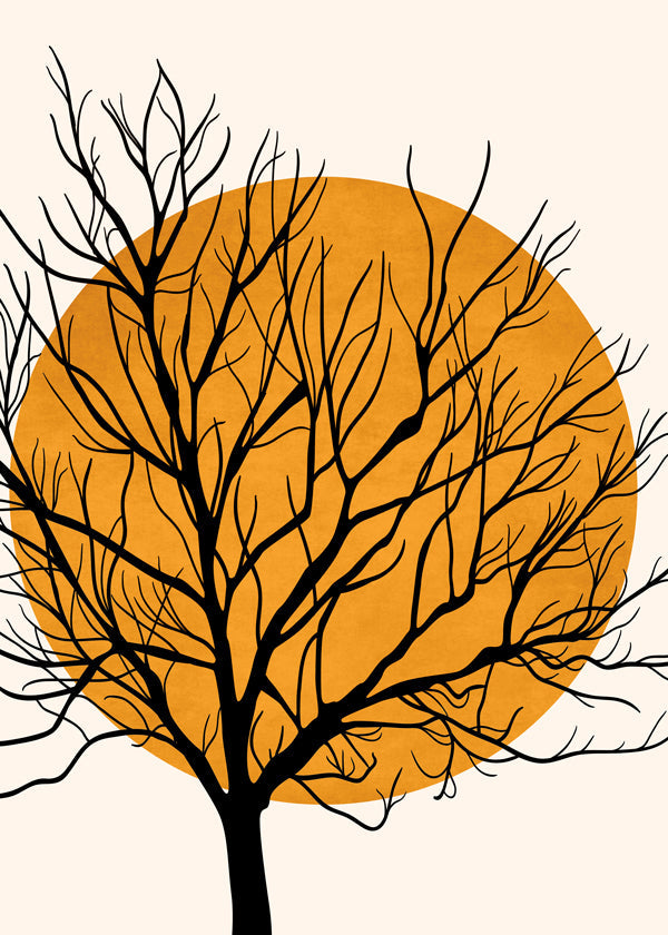 Botanisk poster: träsilhuett med orange sol
