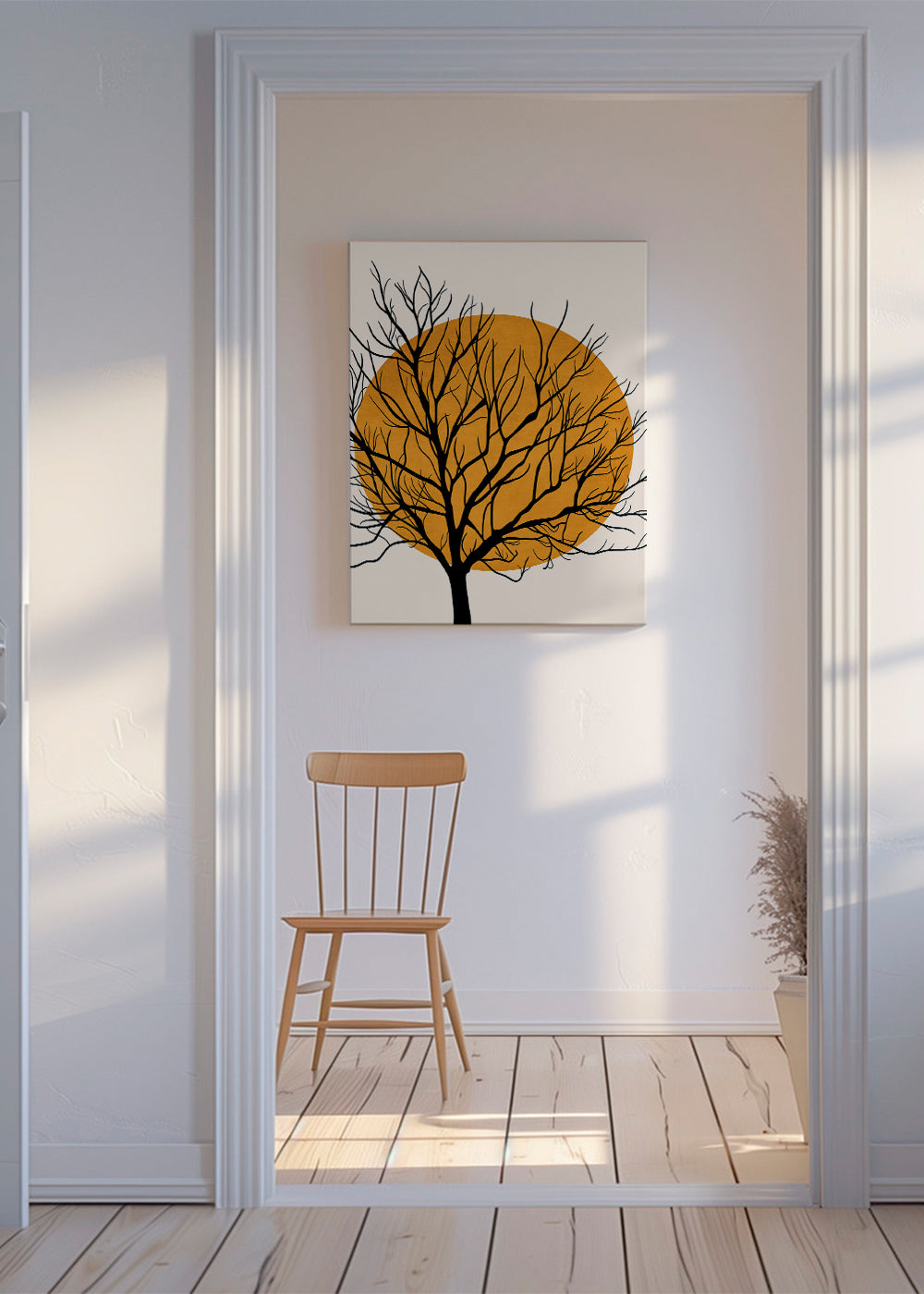 Botanisk poster: träsilhuett med orange sol