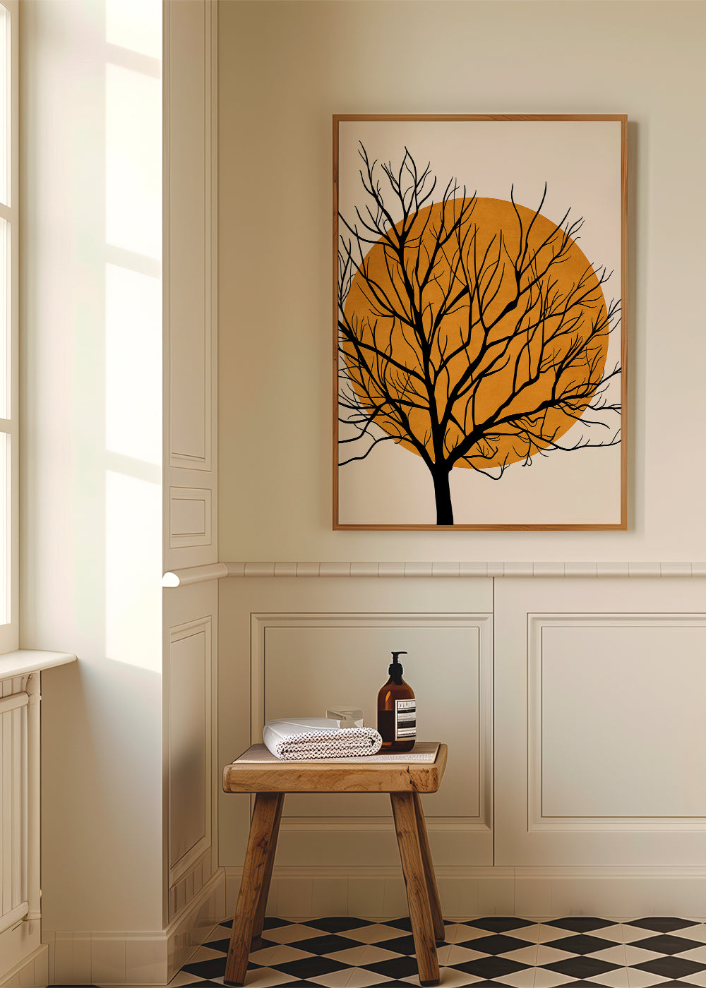 Botanisk poster: träsilhuett med orange sol