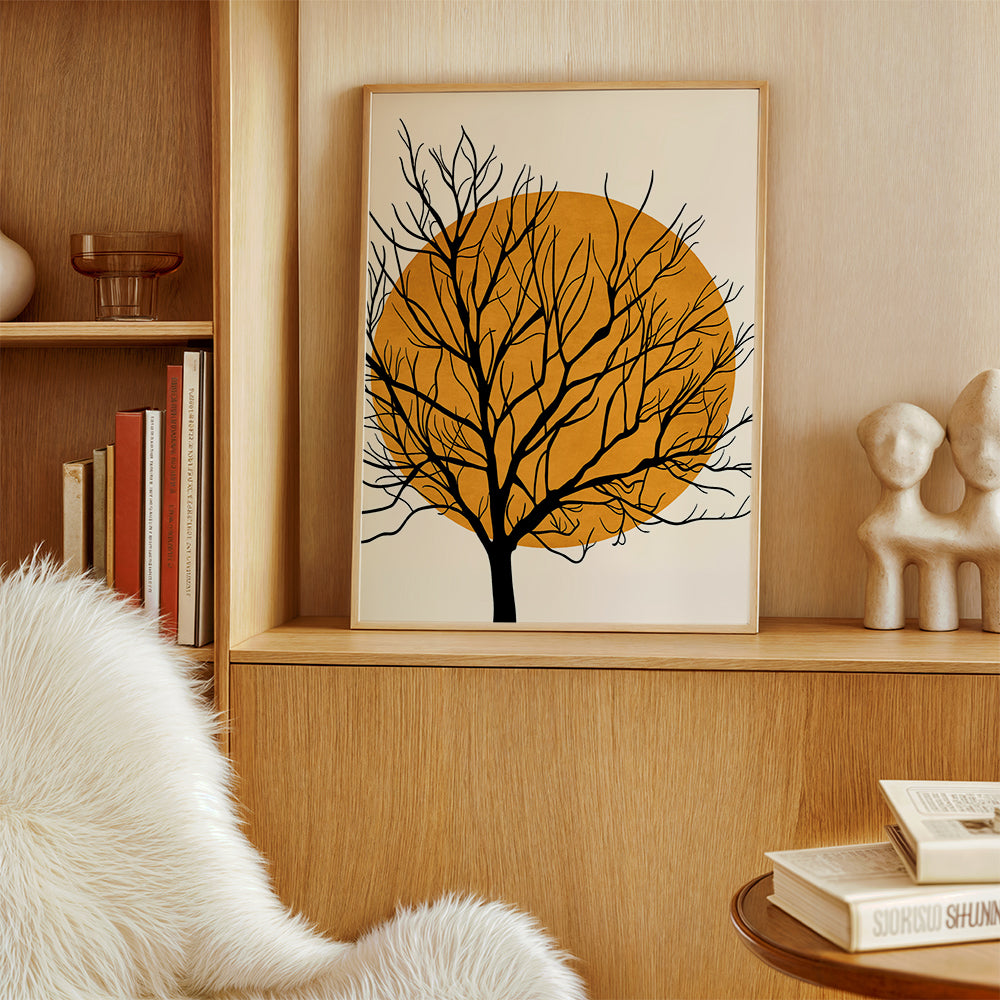 Botanisk poster: träsilhuett med orange sol