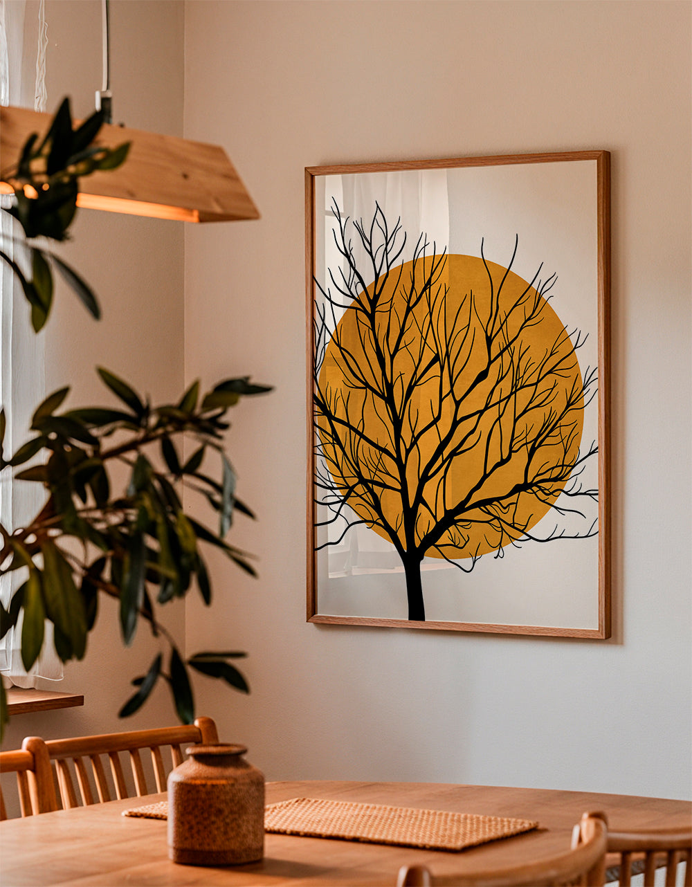 Botanisk poster: träsilhuett med orange sol