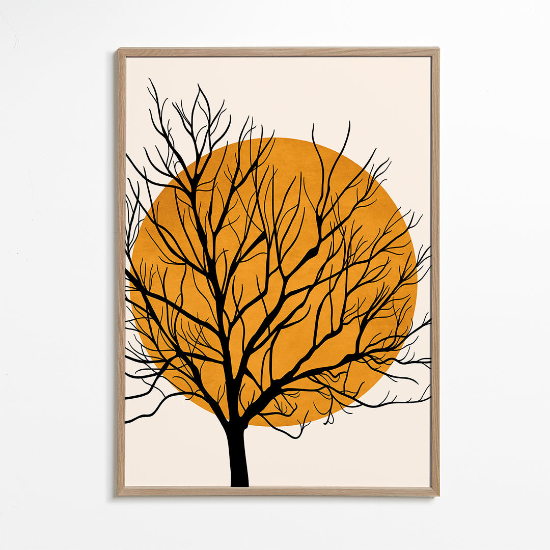 Botanisk poster: träsilhuett med orange sol