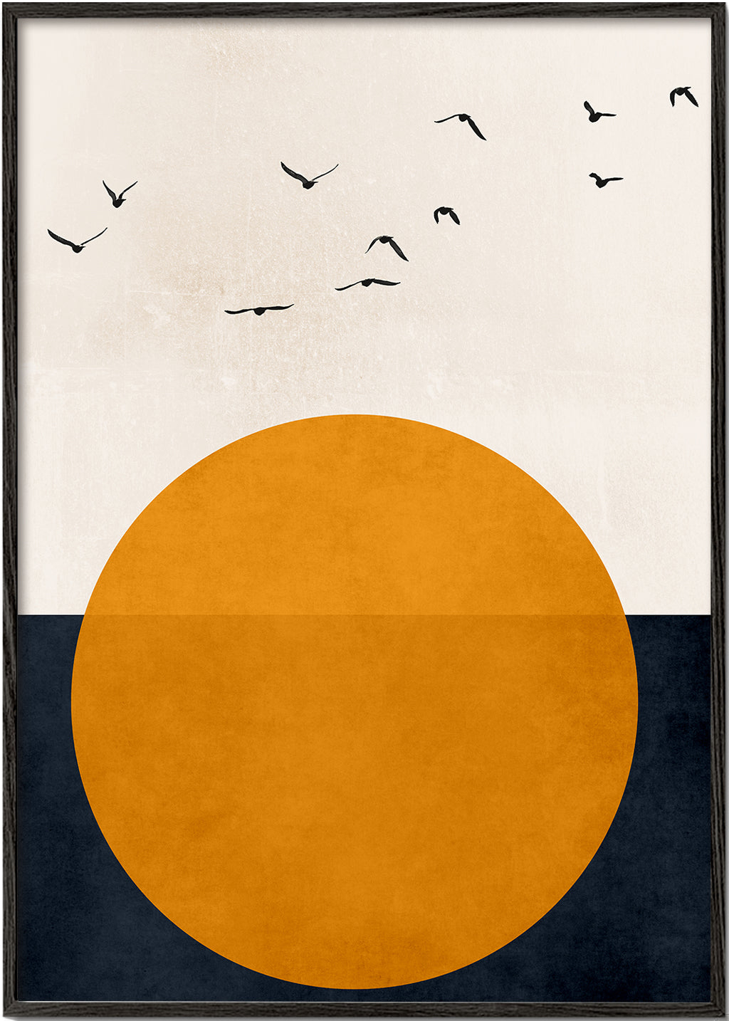 Geometrisk tavla med orange sol och fåglar