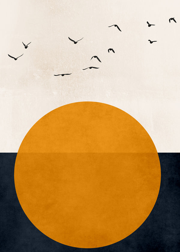 Geometrisk tavla med orange sol och fåglar