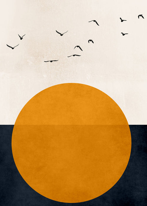 Geometrisk tavla med orange sol och fåglar