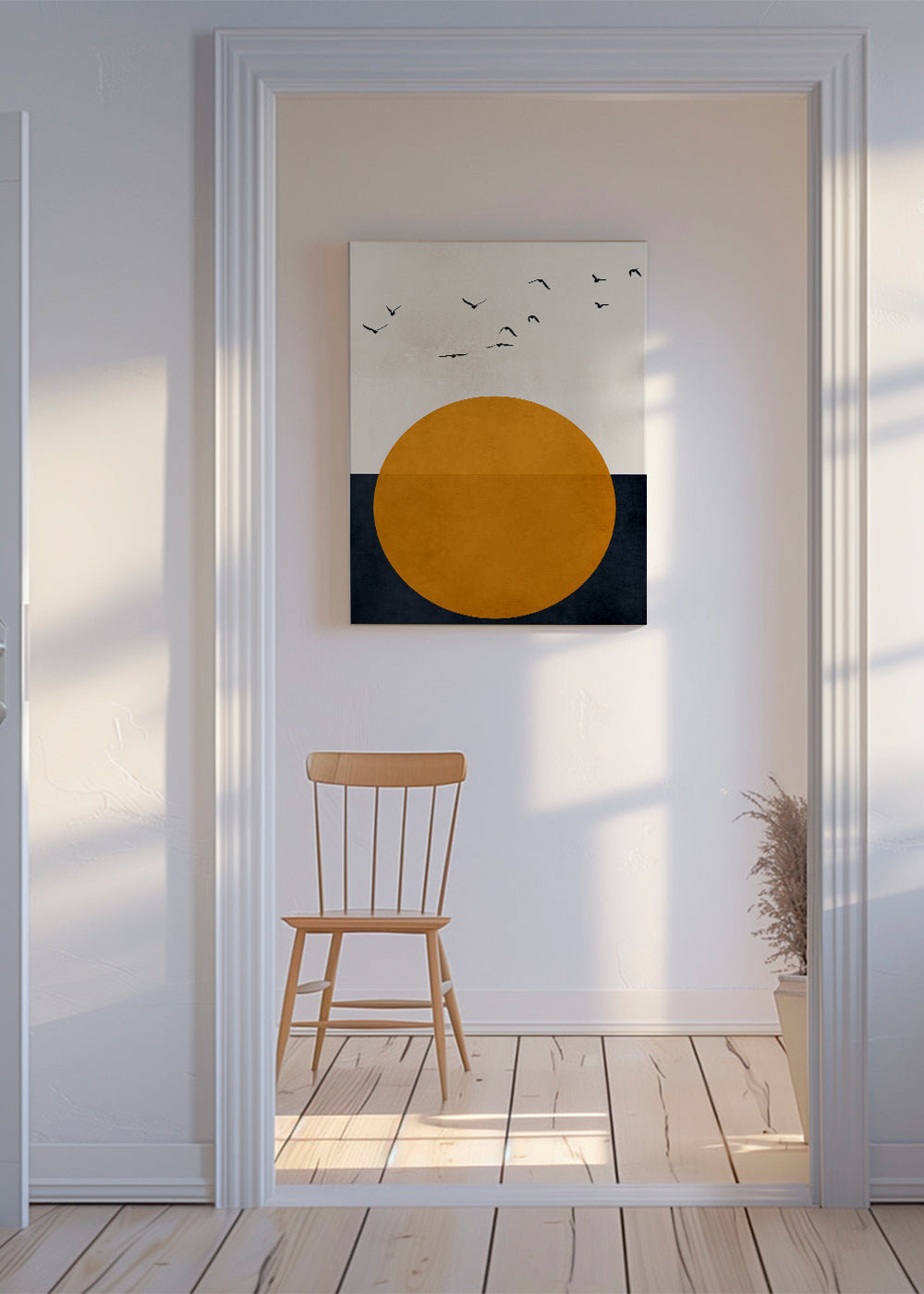 Geometrisk tavla med orange sol och fåglar
