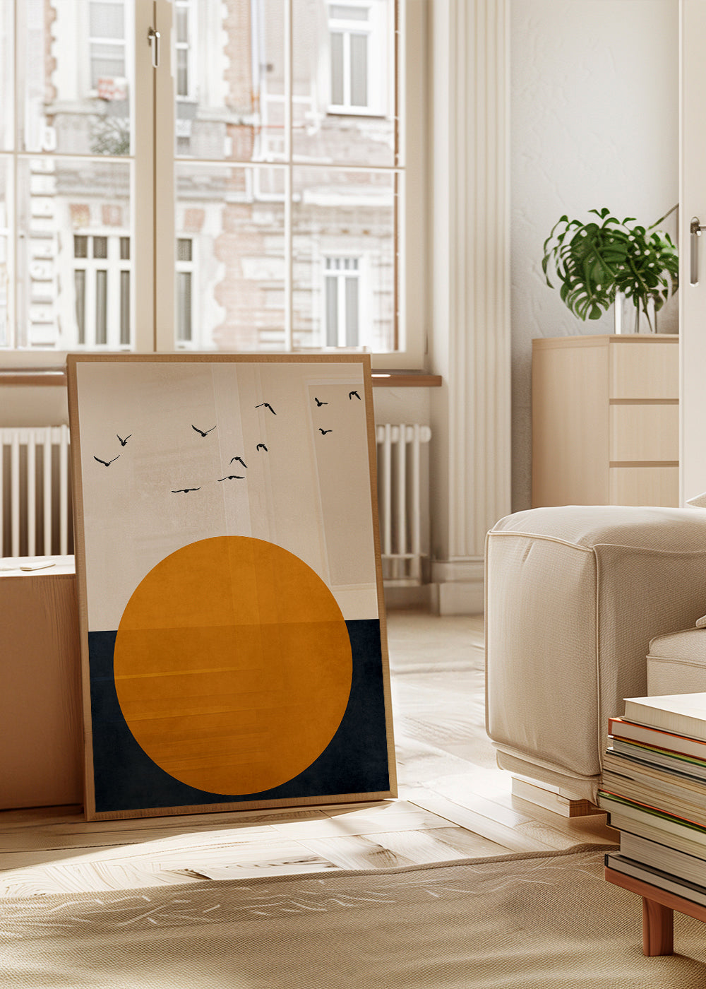 Geometrisk tavla med orange sol och fåglar