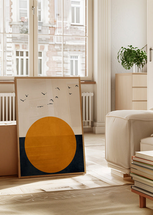 Geometrisk tavla med orange sol och fåglar