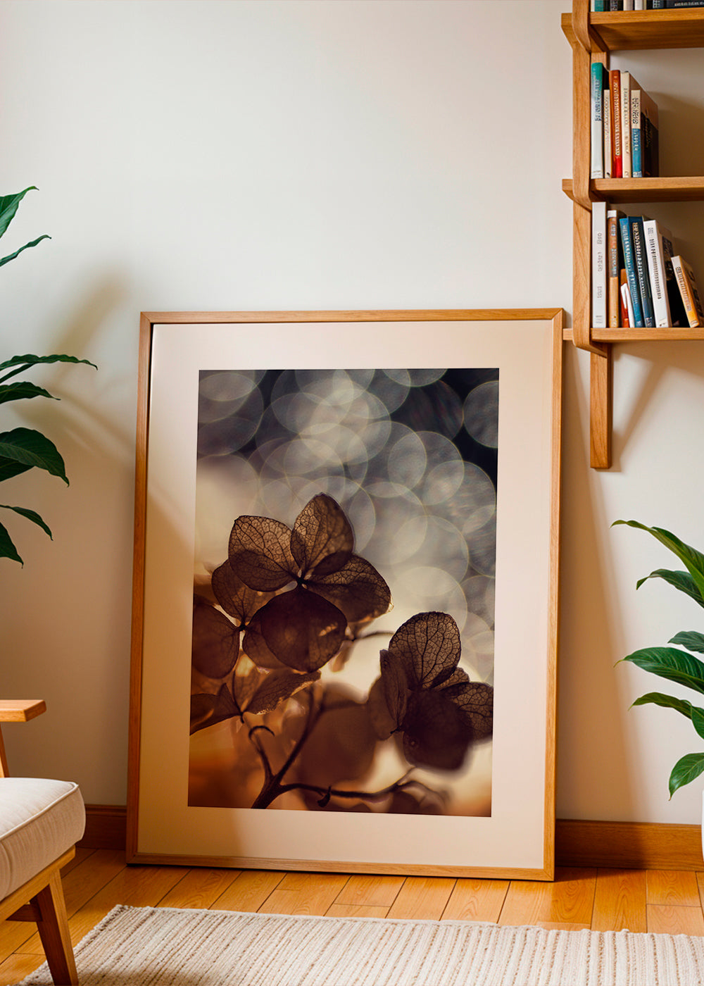 Botanisk poster: torkade blommor i mjuk bokeh