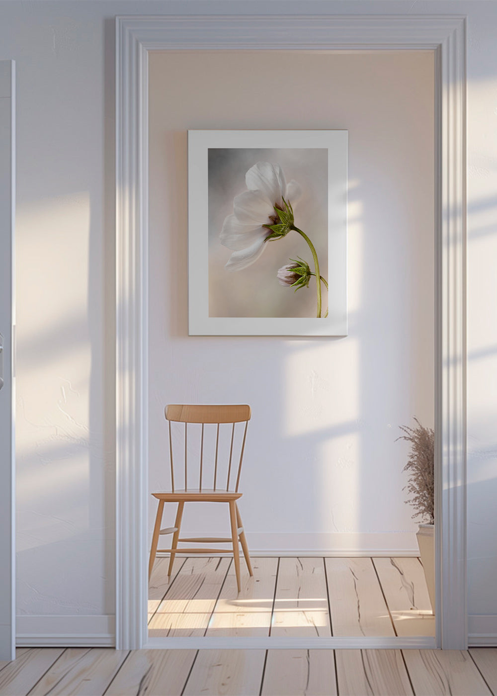 Botanisk poster: vit blomma på böjd stam